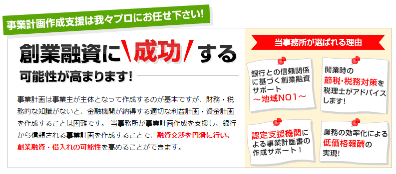 事業計画作成を我々プロがサポートすることで、創業融資に成功する可能性が高まります！